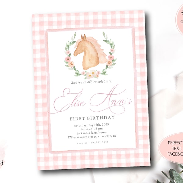 Pink Derby Birthday Invitation, Kentucky Derby Birthday, Horse race Invitation, Derby 1st Birthday Party, light pink gingham Churchill Downs