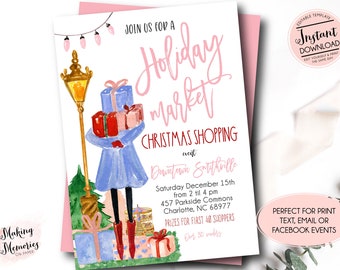 Op de afbeelding: Een roze en witte printbare uitnodiging voor een kerstmarkt-winkelgebeuren in Downtown Smithville, NC. De uitnodiging bevat een aquarel-illustratie van een vrouw die cadeaus draagt en een lantaarnpaal met roze lampjes.