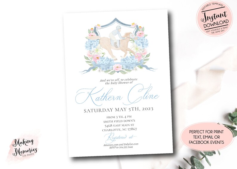 May include: A blue and pink baby shower invitation with a watercolor illustration of a horse and rider. The invitation includes the text "And we're off, to celebrate the Baby Shower of Kathern Cline" and details for the event, including the date, time, location, and RSVP information.
