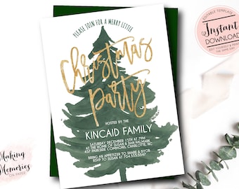 Könnte beinhalten: Eine Weihnachtsparty-Einladung mit einem Aquarell-Weihnachtsbaum-Design. Die Einladung enthält goldfarbene Glitzerbuchstaben mit der Aufschrift "Christmas Party" und enthält Eventdetails. Die Worte "Sofort-Download" sind ebenfalls sichtbar.