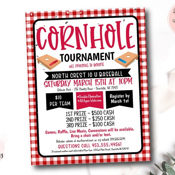 Cornhole Tournament Fundraiser Flyer, Editable Cornhole Template, Sports Fundraiser, pto pta Church School Charity, Corn Hole Invitation