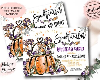 Może przedstawiać: Zaproszenie na przyjęcie urodzinowe z motywem Halloween z dynią wypełnioną słodyczami. Zaproszenie zawiera napis "Spooktacular Birthday Party" i szczegóły wydarzenia. Projekt wykorzystuje kolory pomarańczowy, fioletowy i złoty.