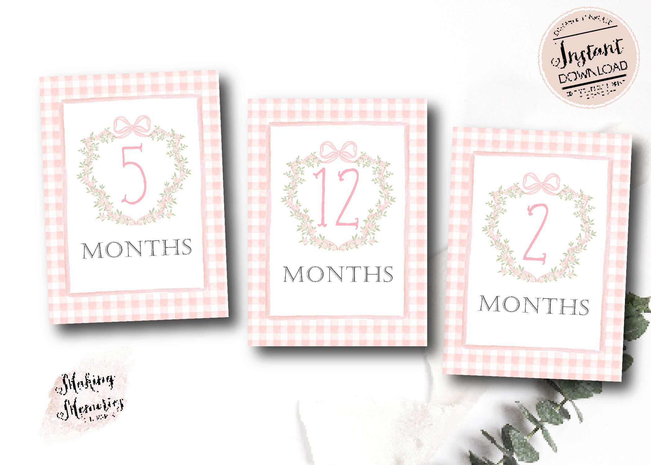 Girl Monthly Milestone Cards, Baby Girl Gingham Watercolor Crest ...