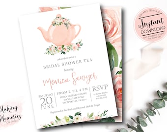 Bridal Shower Tea party invitation, Tea Bridal Shower, Bridal shower Invitation, Blush Pink, Edit Yourself Instant Download Template ET3