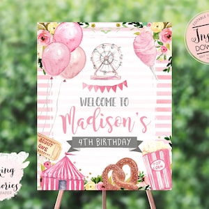 Cartel de bienvenida de circo, Letrero de bienvenida de carnaval rosa, Cartel de bienvenida de ducha de circo de niña, Editarse descarga instantánea, decoraciones amarillo rosa