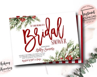 Op de afbeelding: Een witte uitnodiging met rode tekst en aquarel groen, die een bruidsdouche aankondigt. De tekst luidt "Let's deck the halls at a Bridal Shower" en bevat de naam van de geëerde, datum, tijd en RSVP-informatie. Een roze cirkel met de woorden "Instant Download" staat rechtsboven.