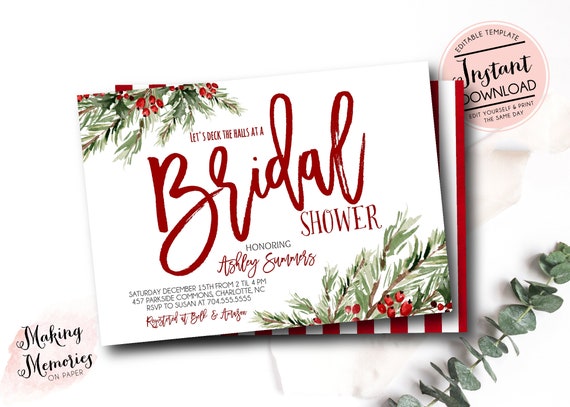 Christmas Bridal Shower Invitation, Christmas shower Invitation, Holiday Bridal shower, deck the halls, Edit youself, Instant Download