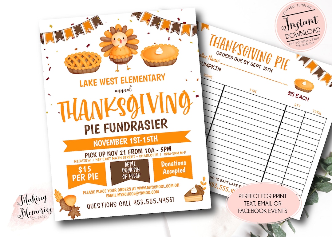 Thanksgiving Pie Fundraiser Flyer Pie Sale Fundraiser Etsy