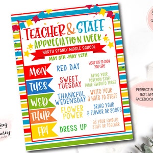 Editable Teacher Appreciation Week Schedule, Appreciation week itinerary, Student Appreciation week planner, PTO PTA Appreciation week flyer