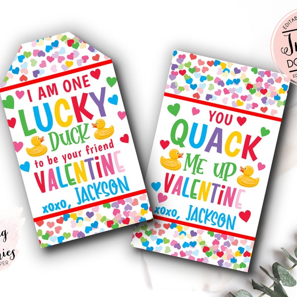 Editable Rubber Duck Valentine Tag, One Lucky Duck Valentines Day Tag, You quack me up vday Non Candy Classroom Valentine's Day Tag Instant