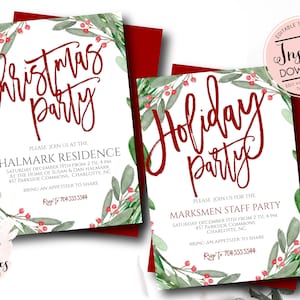 Christmas Party Invitation, Editable Invitation, Holiday Party, Holly Printable Invitation, Instant Download, bridal shower, evergreen
