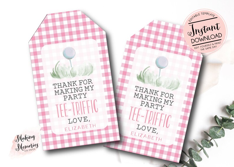 May include: Pink and white gingham favor tags with a golf ball and grass illustration. The text reads "Thank for making my party Tee-Triffic Love, Elizabeth".