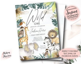 Könnte beinhalten: Eine Aquarell-Einladung mit Dschungel-Thema. Die Einladung zeigt den Text "Wild One" und "First Birthday" mit einer Illustration einer Giraffe, eines Löwen, eines Zebras, eines Elefanten und eines Affen. Die Einladung enthält auch Veranstaltungsdetails.