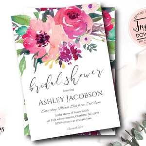 Pink Floral invitation, Bridal Shower, Baby shower, INSTANT Watercolor Flowers, Floral Invitation, pink, DIY, Invite, edit yourself, script