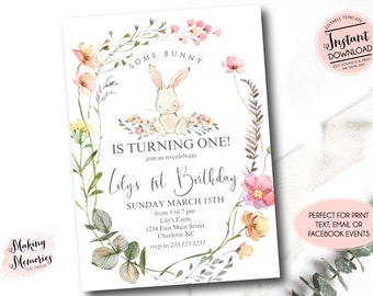 Some bunny is one birthday invitation, bunny birthday party invitation, easter invite, Template, Editable Bunny Birthday invite, some bunny