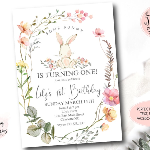 Some bunny is one birthday invitation, bunny birthday party invitation, easter invite, Template, Editable Bunny Birthday invite, some bunny