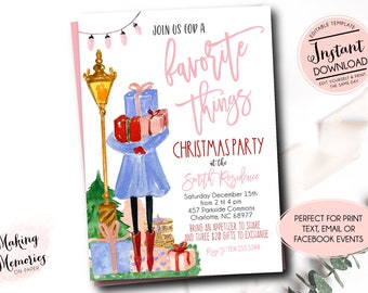 Może przedstawiać: Akwarelowe zaproszenie na świąteczne przyjęcie "Favorite Things". Projekt przedstawia osobę trzymającą prezenty, latarnię uliczną i tekst "Join us for a Favorite Things Christmas Party". Zawiera edytowalny szablon i natychmiastowe pobieranie.