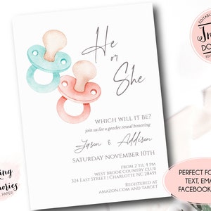 Gender Reveal invitation, Vintage Pacifier Gender Reveal invitation, he or She Invite, Editable Pacy Gender Reveal Invite, Boy or Girl