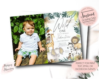 EDITABLE Safari Birthday Invitation, Wild one Boy Invite, First Birthday Jungle animals, safari Photo invitations, 1st birthday, Digital