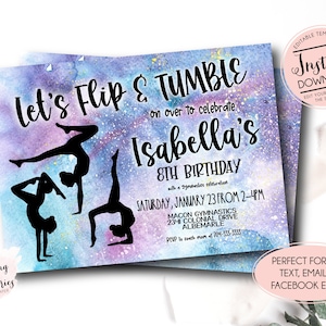 Gymnastische verjaardagsuitnodiging, gymnastische uitnodiging, galaxy gymnastische verjaardag, roze en paarse verjaardagsuitnodiging, bewerkbare Instant Download