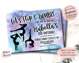 Gymnastic Birthday Invitation, Gymnastic  invitation, galaxy Gymnastic  birthday, pink and purple birthday invite, Editable Instant Download