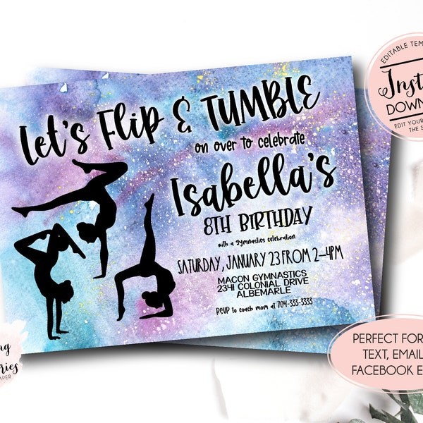 Gymnastic Birthday Invitation, Gymnastic  invitation, galaxy Gymnastic  birthday, pink and purple birthday invite, Editable Instant Download