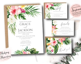 Tropical Wedding Invitation Suite, Wedding Invitation Set, Tropical Destination Wedding Invitation, Edit yourself Instant Download Template