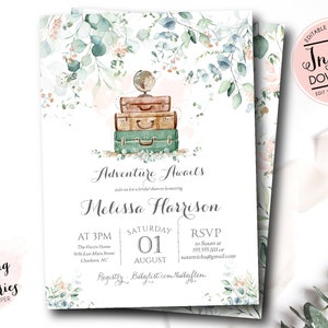 Travel shower invitation, Adventure Awaits Bridal shower, Wanderlust Luggage, Greenery adventure awaits, Editable Instant Download wisp