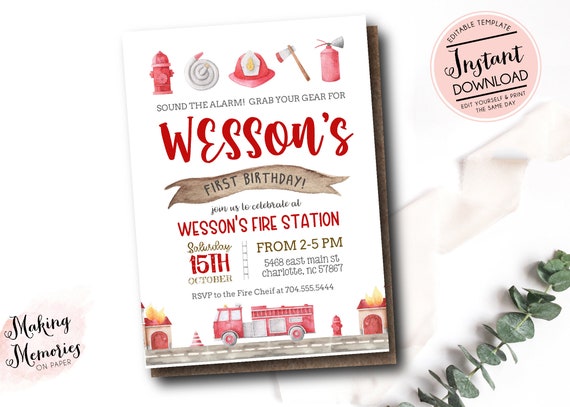 Editable Fire Truck Birthday Party Invitation, Firetruck Invitation, Fireman Invite, Fire Truck Invite, Firefighter Birthday, Boy Birthday