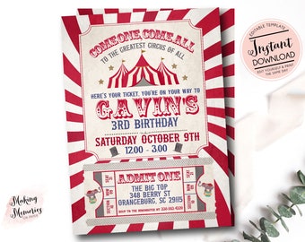 Carnival Birthday Invitation, Carnival ticket Birthday Invitation, Edit yourself instant download circus invite, Circus first birthday