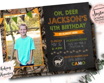 May include: A personalised invitation for a 4th birthday party with a deer hunting theme. The invitation features a photo of a young boy, camouflage accents, and the text "Oh, Deer Jackson's 4th Birthday is Almost Here."