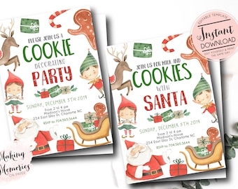 May include: Christmas-themed invitation with watercolor illustrations. One invitation reads "Cookie Decorating Party" and the other says "Cookies with Santa". Both feature elves, Santa, reindeer, and gingerbread men. The text includes the date, time, and location.