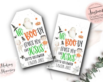 May include: Halloween-themed gift tags with the text "No Boo-dy Loves You Like Jesus." The tags feature watercolor illustrations of a ghost, pumpkin, mummy, and Frankenstein. The words "Happy Halloween" and a name are also included.