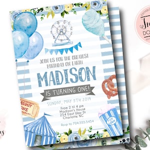 boy Carnival Birthday Invitation, Circus first Birthday Invitation, Edit yourself instant download circus invite, Circus first birthday