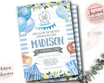 boy Carnival Birthday Invitation, Circus first Birthday Invitation, Edit yourself instant download circus invite, Circus first birthday