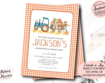 May include: An invitation with a watercolor illustration of a blue tractor pulling a wagon filled with pumpkins. The invitation has a gingham border and text that reads "Put Your Tractor in Gear, Jackson's 2nd Birthday is Almost Here!"