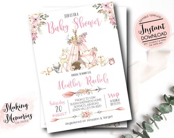 Girl woodland Baby Shower Invitation, Boho Teepee Woodland Baby Shower Invite, Edit yourself Template instant download