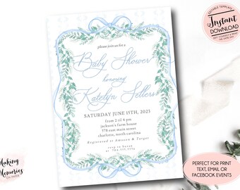 Blue Crest Baby Shower Invitation, Boy Baby Shower, Preppy Southern baby shower, Sprinkle Baby Shower, Blue Bow Ribbon Themed Invitation