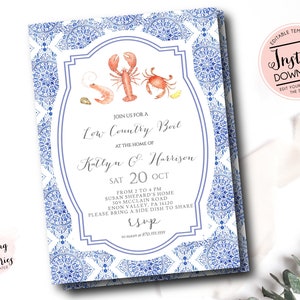 May include: A blue and white patterned invitation for a Low Country Boil. The invitation features a lobster, shrimp, and crab illustration. The text reads "Join us for a Low Country Boil at the home of Kallyn & Harrison Sat 20 Oct from 2 to 4 pm Susan Shepard's Home 309 McClain Road Enon Valley, PA 16120 Please bring a side dish to share Esup".