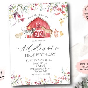 Editable Farm Birthday Invitation, girl farm invitation, girl farm invite, wildflower farm invite, barnyard party, Instant Download