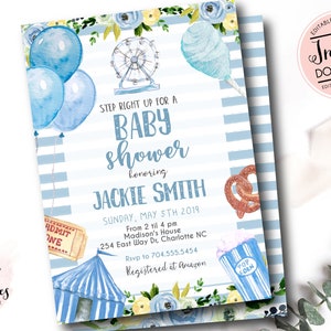 Boy Carnival baby shower Invitation, boy Circus baby shower Invitation, Edit yourself instant download circus invite, boy first birthday