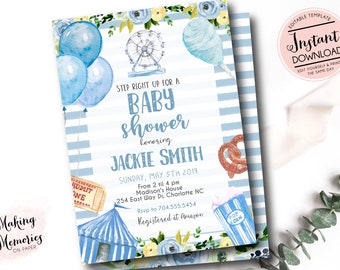 Boy Carnival baby shower Invitation, boy Circus baby shower Invitation, Edit yourself instant download circus invite, boy first birthday