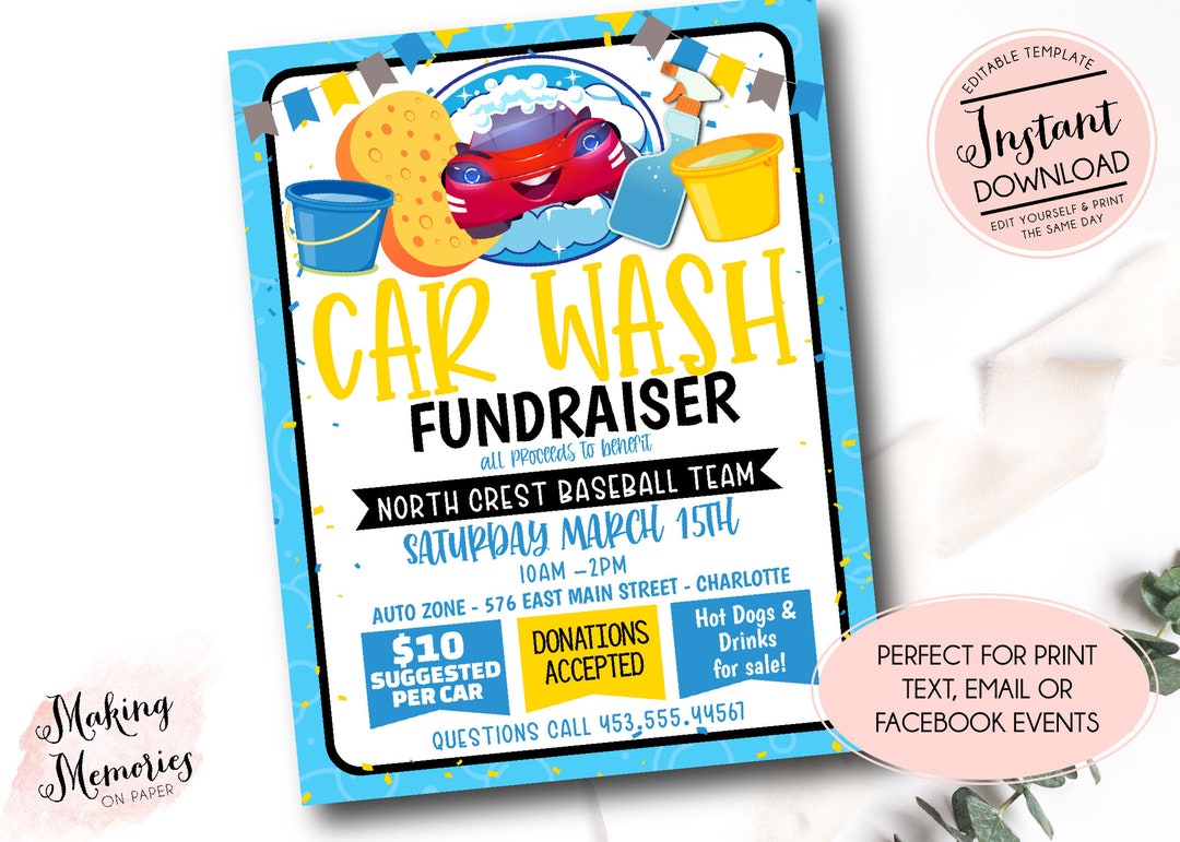 Car Wash Fundraiser Flyer, Editable Car Wash Template, Pto Church School Charity Sports