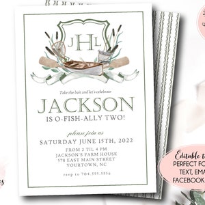 Fishing Birthday Invitation Template, O-fish-ally, The Big ONE, Editable Fish Crest lake, Adult fishing birthday, First fish birthday,rustic