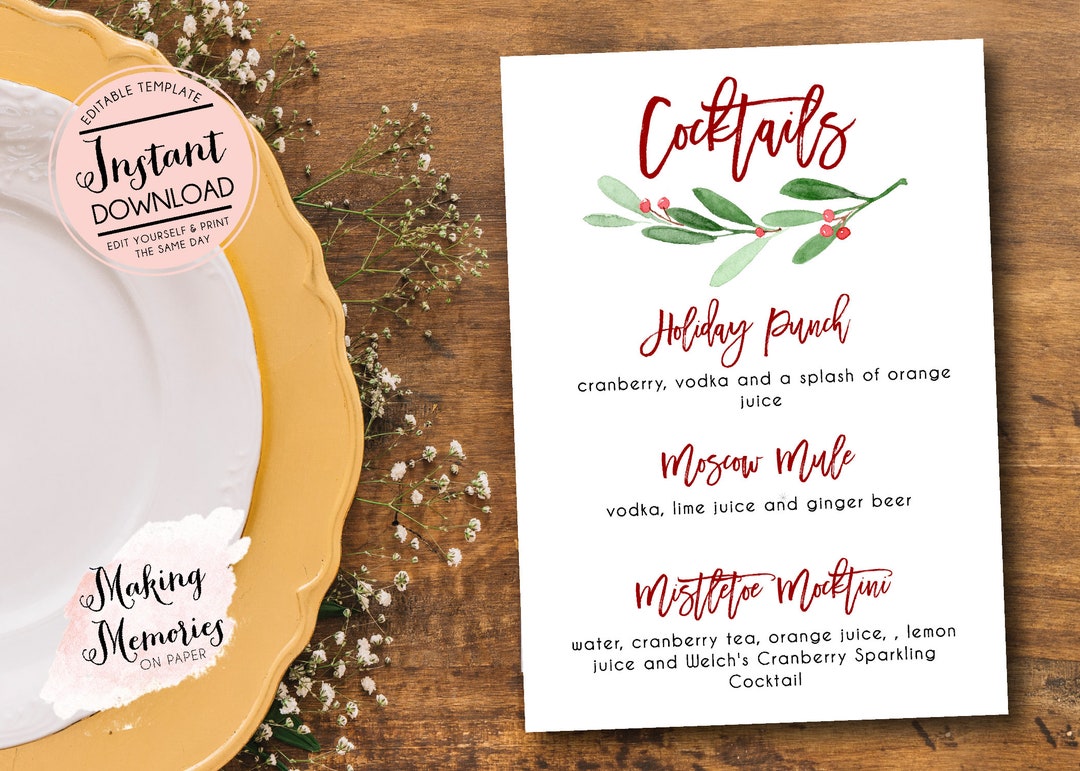 Christmas Cocktail Menu, Greenery Drink Menu, Holly Menu, Christmas 