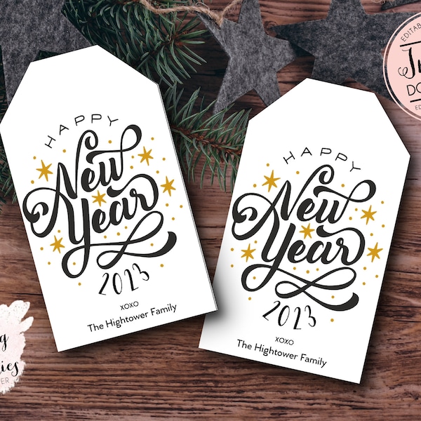 Bearbeitbare Silvester Geschenkanhänger Vorlage, druckbare Gold Konfetti NYE Gastgeschenke, bearbeitbare New Year Tags, NYE Favor Tag, Sofortiger Download