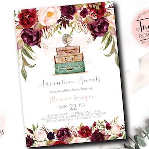 Travel shower invitation, Adventure Awaits Bridal shower invite, Burgandy Wanderlust Luggage, Honeymoon shower, Editable Instant Download