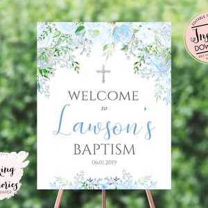 Baptism Welcome Sign, boy baptism Welcome Sign, blue flower Welcome Sign, boy first communion sign,  Edit yourself Instant Download