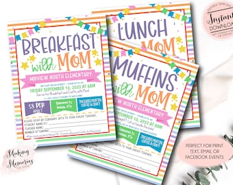 Breakfast with Mom Flyer, School Breakfast day event, Muffins with Mom, Lunch with Mom flyer, PTo pta school, fundraiser school mom day