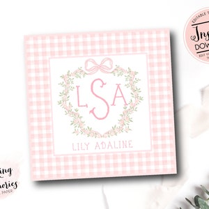 Personalisierte Geschenk-Einschließungskarten, Monogramm-Einschließungskarten, rosa Vichykaro-Geschenk-Einschließungskarte, Mädchen-Calling-Karte